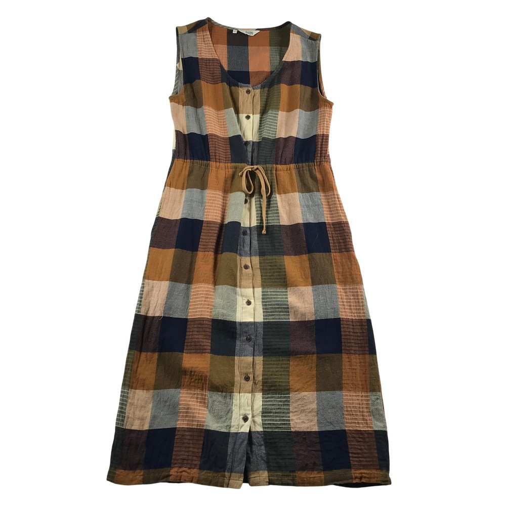 Sleeveless Midi Button-Front Plaid Dress in Rust & Navy